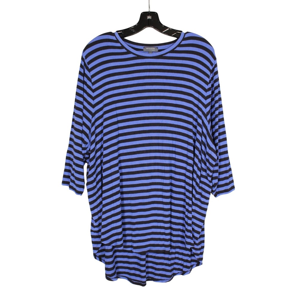 MADISON CURVY Navy/Blue STRIPES 3/4 Sleeve HIGH-LOW HEM Knit BLOUSE/TUNIC TOP 2X